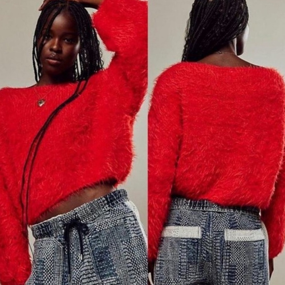 Free People Flurry Jumper Sweater Cropped‎ Slouchy Relaxed Long Sleeve Red Sz XS - Picture 2 of 11